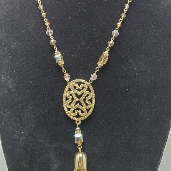 Ali Khan filigree pendant / chain tassel & linked peach glass beads & gi… - Picture 4 of 6